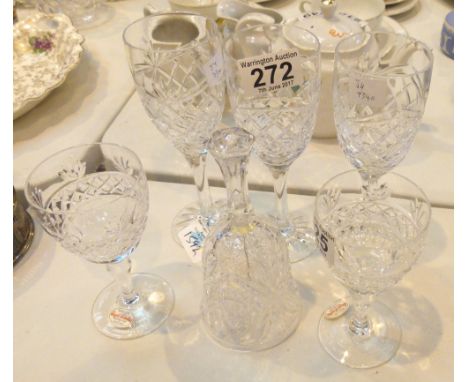 Five Royal Brierley wine glasses and a bell 