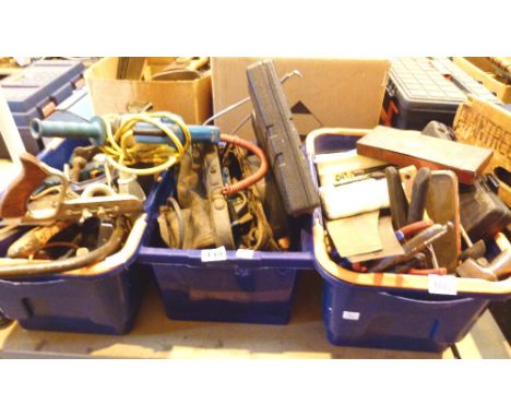 Three boxes of mixed tools including 110V drill and a Stanley 50 plow plane 
