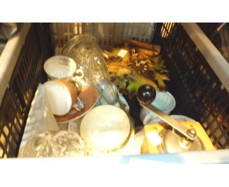 Box of mixed household items including a coffee grinder, cuckoo clock, decanter etc 