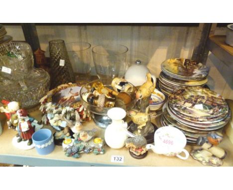 Shelf of ceramics and glassware, including quantity of decorative plates