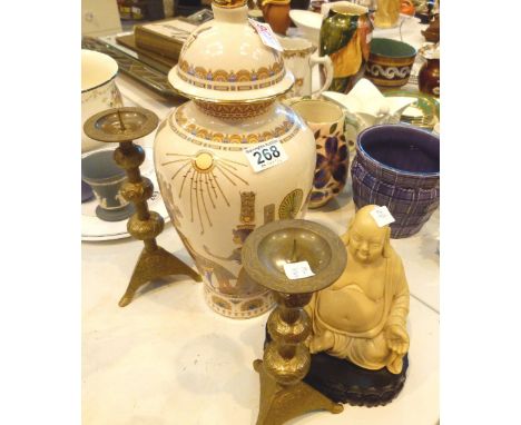 Buddha, Egyptian lidded vase and brass candlestick
