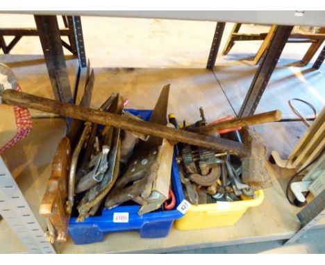 Two boxes of hand tools, saws, vices, clamps, spanners etc