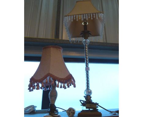 Tall brass table lamp, with a square shade and faux crystal droplets and one other