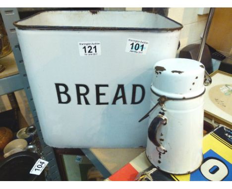 Vintage enamel bread bin and billy can 
