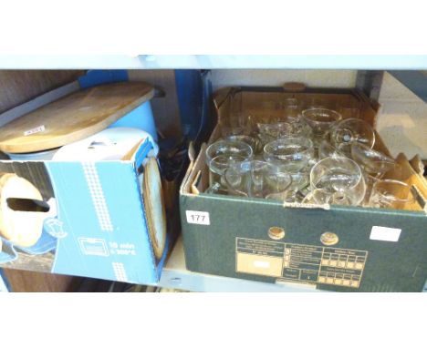 Shelf of glassware and kitchen ceramics, bread bin etc