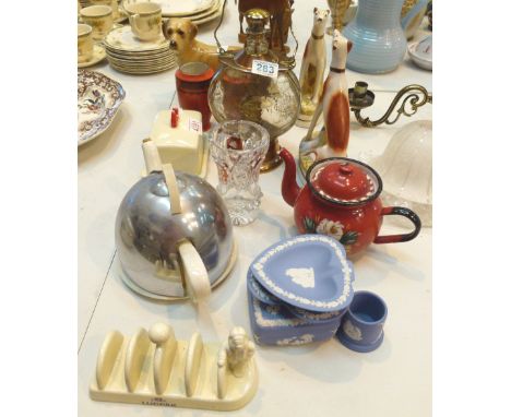 Selection of pottery, musical decanter, tea pots, Staffordshire dogs etc