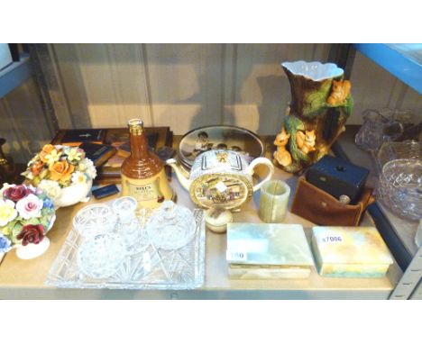 Shelf of mixed ceramics and onyx items