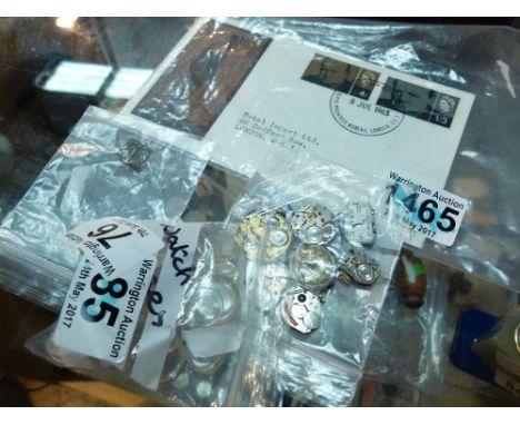 Churchill first day cover stamps and Avia and Accurist watch glasses, Bucherer ladies quartz wristwatch movement with diamond