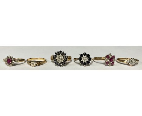 A 9ct gold diamond and sapphire flower head cluster ring, size P, marked 375, 4.2g; five other 9ct gold rings, sety with ston