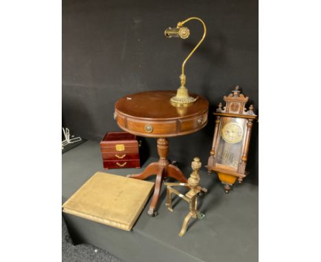 A contemporary Regency style drum table, of small proportions; 57.5cm high; an Edwardian style brass desk lamp; a pair of bra