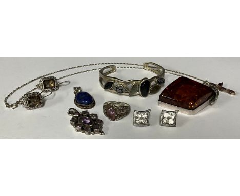 A sterling silver cuff bracelet, set with polished semi-precious stones, marked 925; other similar sterling silver jewellery,