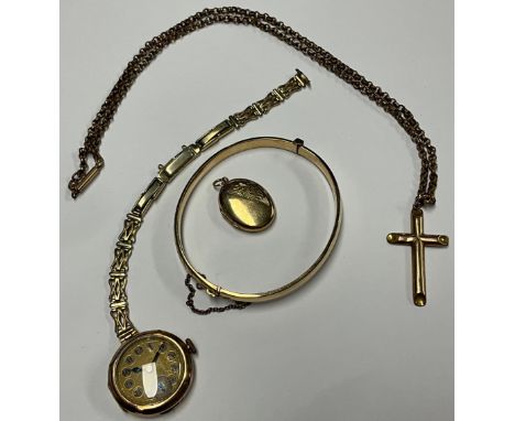 A 9ct rose gold cross pendant, marked 375, suspended from a 19th century gold plated guard chain necklace, the cross approx. 