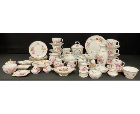 A Royal Crown Derby Posies pattern mantel clock, lobed ovoid vase, set of six teacups, saucers and tea plates, six dessert pl