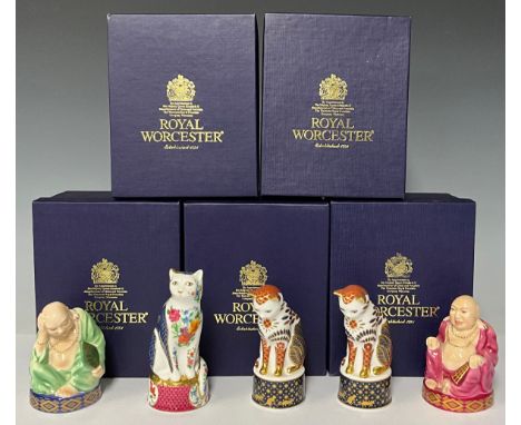A Royal Worcester candle snuffer, Connoisseur Collection, Giles Cat, boxed; others, pair of Nelson Cats, each boxed; Smiling 