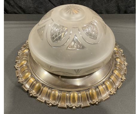 An cut glass circular domed ceiling light/plafonniere, bronzed cast metal gallery, flush mounting, 43.5cm diameter overall 