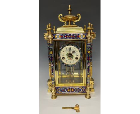 Horology Interest - a 'brass' and cloisonne mantel clock, the 10cm dial with Roman numerals, twin winding holes, the dial mar