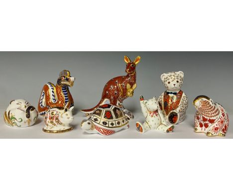 A Royal Crown Derby paperweight, Kangaroo and Joey, 15cm, silver stopper; others, Bow Tie Bear, Tortoise, Beaver, Dragon, Dor