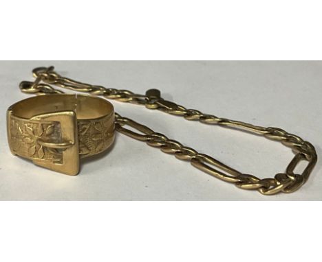 A Victorian buckle ring, size U, unmarked probably 9ct, cut through, 5.6g; a 9ct gold bracelet, marked 375, 2.6g (2) 