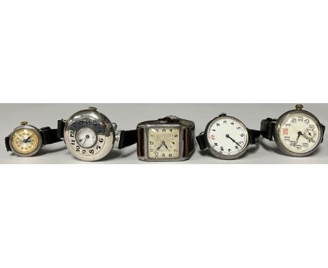 A gentleman's silver half hunter wristwatch, the hinged cover with cobalt blue enamel inlaid Arabic numerals, white enamel di