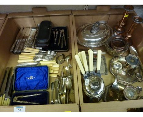 Pair of Sheffield plate octagonal chamber sticks, another chamber stick, pair of candlesticks and other silver plated items i