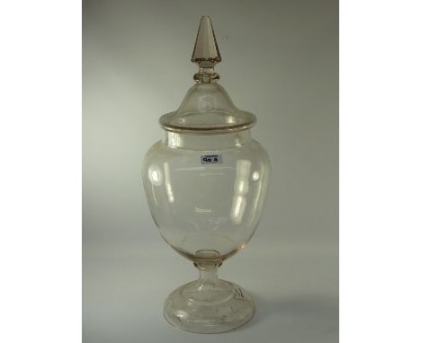 Large Victorian retailer's glass sweet jar on pedestal base with cut prism finial 59cm