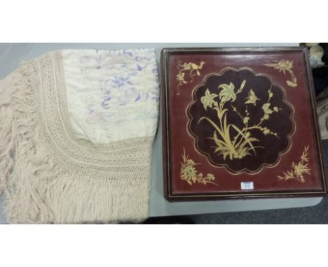 Vintage textiles - Chinese silk embroidered shawl/tablecloth approx. 235cm x 235cm in lacquer box

Provenance: Charlotte Loui
