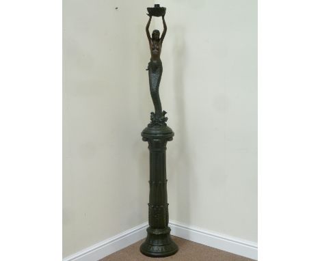 Standard lamp in the form of a mermaid holding a shell H180cm  with Tiffany style shade D46.5cm Condition Report Resin