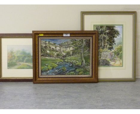 'Malham Cove', oil on board signed Jo Dixon; River Landscape, watercolour signed and dated M D Ansell /09; Country Path, wate