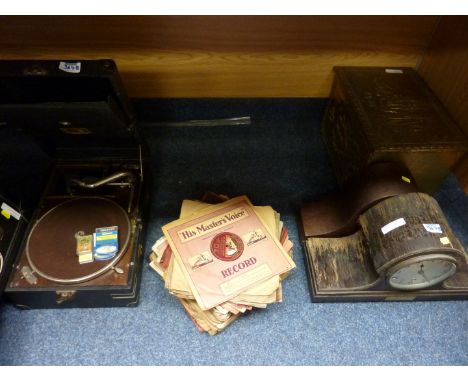Early 20th century HMV wind up record player, collection of records, brass log box, early 20th century clock and a clock case