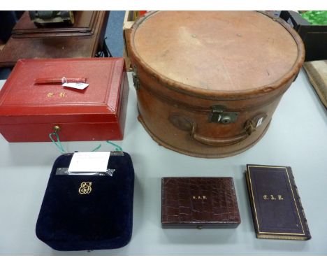 Vintage clothing/accessories - Garrard & Co. tiara box, Asprey jewellery box, Parkins and Gotto leather box, leather hat box 