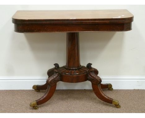 Victorian mahogany swivel top card table, foldover baize lined top, on carved quadruple splay leg base, W92cm, H72cm