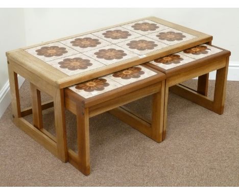 Vintage retro teak nest of three tile top tables, W97cm