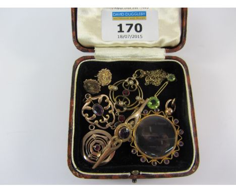 Edwardian and later ruby, seed pearl and amethyst set pendants, bar brooch pair ear-rings hallmarked 9ct etc Condition Report