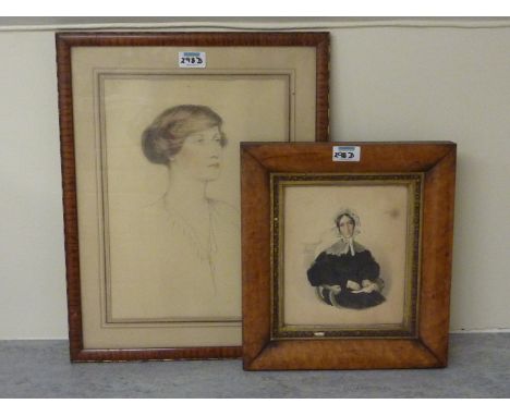 Half length Portrait of a Lady, early Victorian watercolour in birds eye maple frame; Bust portrait of a Lady, early 20th cen