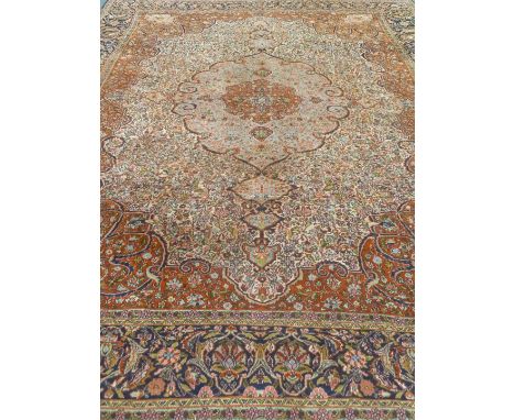 Indian wool and silk blue ground rug carpet 336cm x 238cm Condition Report All over good condition, slight ware to part of th