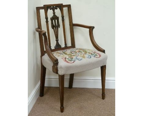George III mahogany elbow chair, tapestry upholstered seat