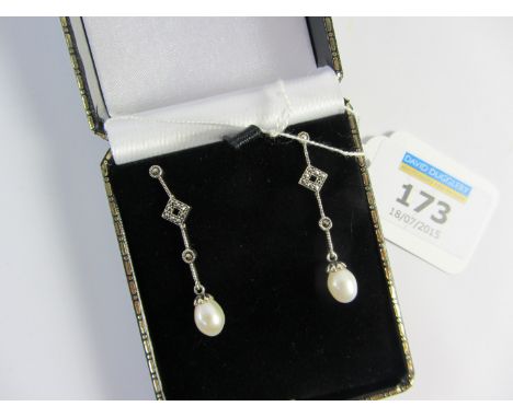 Pair pearl and marcasite drop ear-rings stamped 925