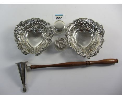 Two heart shaped silver trinket dishes, two silver topped pill boxes and candle snuffer Condition Report Holes in glass jar e