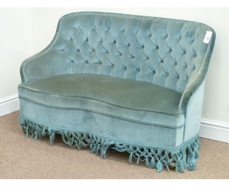 Small two seat button back sofa upholstered in blue fabric, W116cm