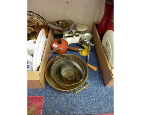 Le Creuset sauce pan, brass jam pan, other pans, vintage mincer, scales and weights