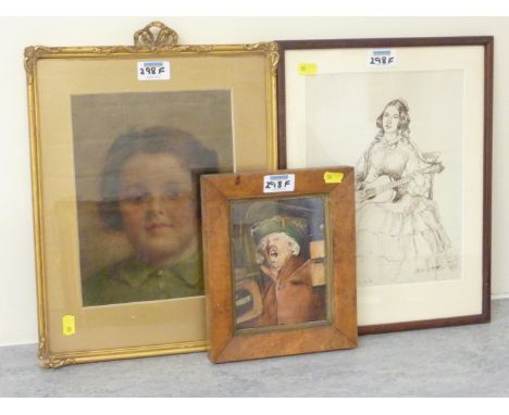 Town Crier, 19th/20th century watercolour in birds eye maple frame; Bust Portrait of a girl, oil in gilt frame; Lady playing 