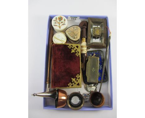 Georgian horn snuff box, whale bone toddy ladle, candle snuffer, gilt brass mounted prayer book, trinket boxes, bottle labels