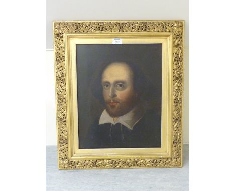 Portrait of William Shakespeare, oleograph on canvas in 19th century gilt gesso frame
