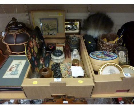 19th century brass box 'T. Brownlow Rugby', Feather fan, carvings,embroidery pictures, prints, a mirror and other items in tw