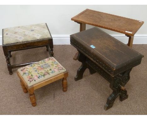 20th century heavily carved oak stool, carved mahogany occasional table with the Yorkshire Rose motif, barley twist stool wit