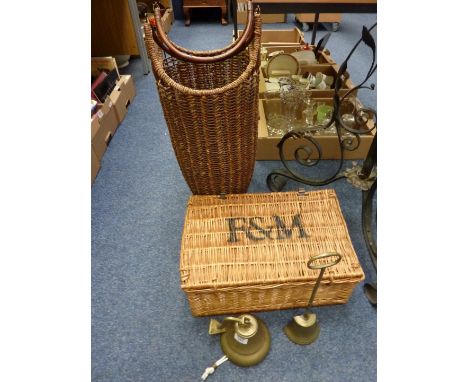 Georgian brass half bell door stop,brass bell, Fortnum and Mason wicker hamper and a wicker stick stand