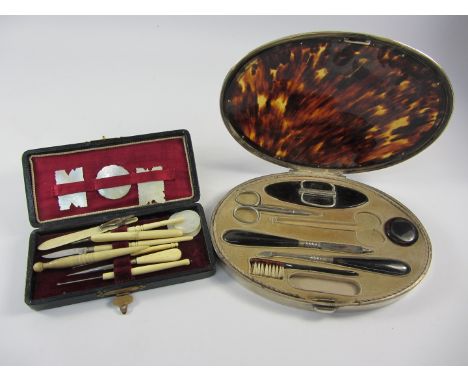 Tortoiseshell and hallmarked silver manicure set London 1911 and a case of bone and mother of pearl needlework items