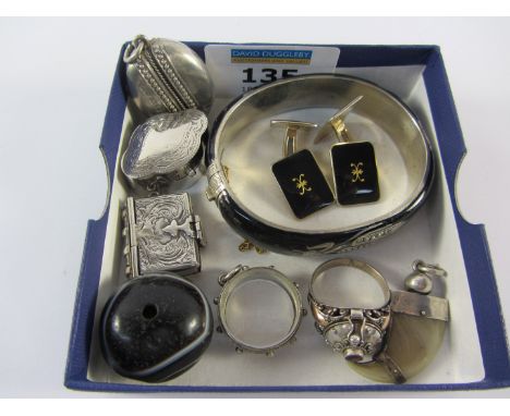 Black enamel and seed pearl hinged bracelet, pair of Norwegian cuff-links by Elvik & Co stamped 925S, hallmarked silver and o