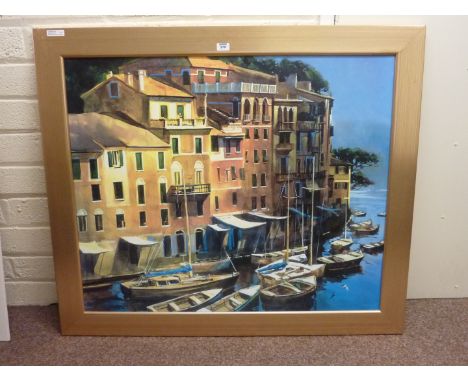 'Mediterranean Port' oleograph 18.5cm x 103cm