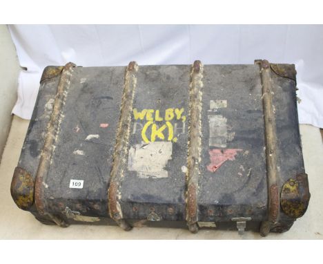 Old cabin trunk for renovation, wooden banding, leather straps - all original features and much character,  measures 85 x 55 